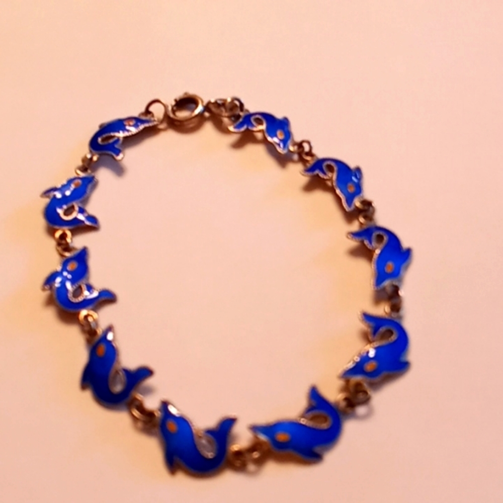 Vintage 90's,Sterling Silver,Bracelet with Dainty,Handpainted,Dolphins🦋🦋🦋🦋🦋